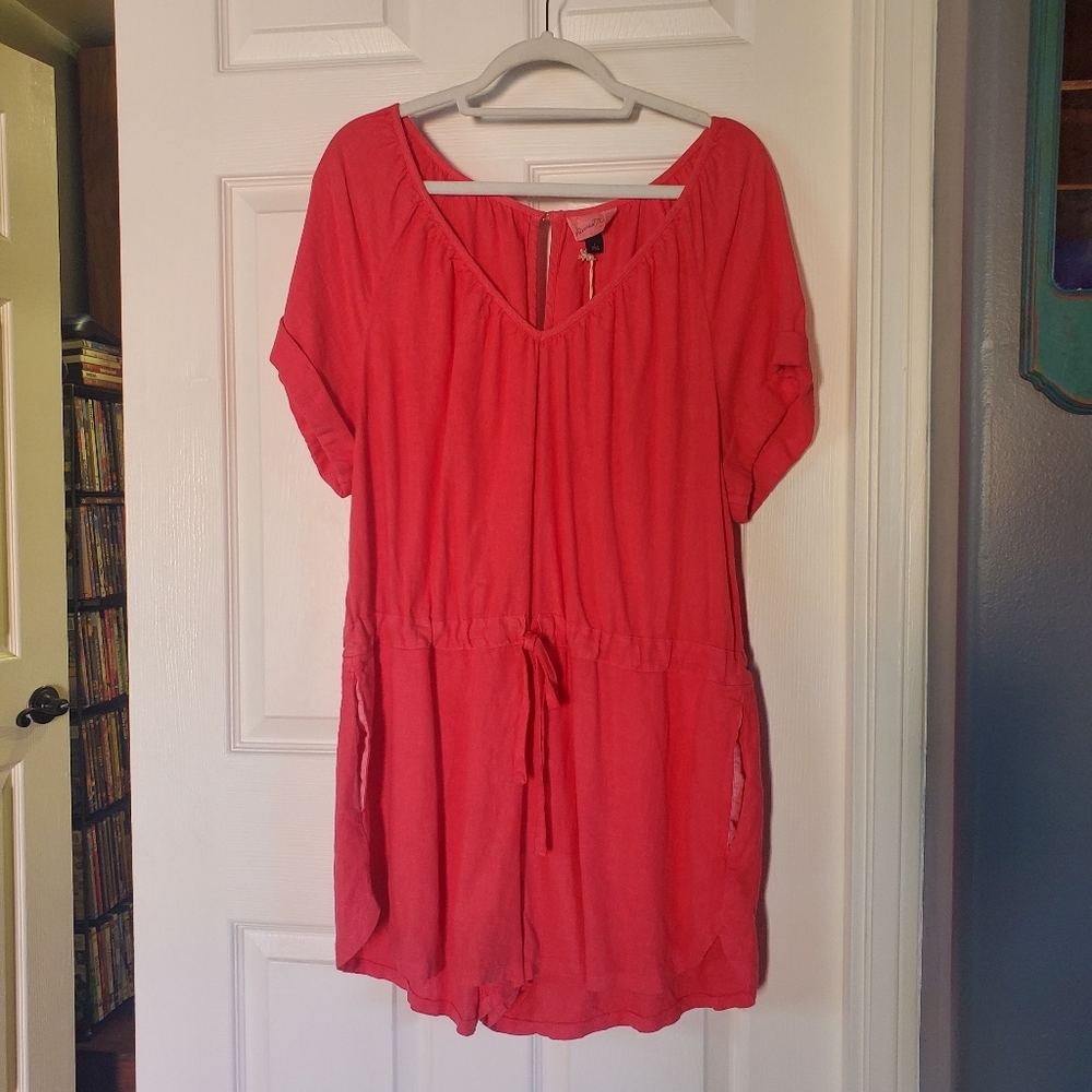 Universal Thread Linen Blend Romper Summer Vacation Beachy Short Sleeves Coral L